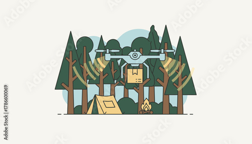 A drone navigating through lush dense forest using its sensors to avoid tree branches while delivering supplies to a remote campsite.