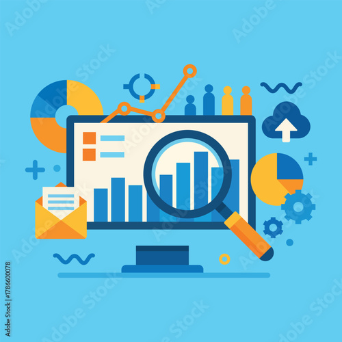 Minimalist vector scene depicting marketing intelligence, business evaluation, and strategic reporting