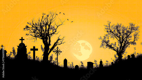 Spooky and abstract Halloween silhouette background featuring a dark graveyard with various tombstones, crosses, and spooky trees against an ominous orange and yellow full moon sky.