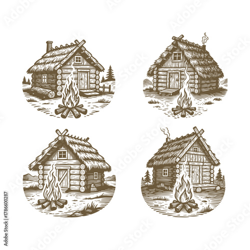 Set of four rustic vintage engraving illustrations featuring a traditional wooden log cabin or hut with a thatched roof and a bonfire burning outside