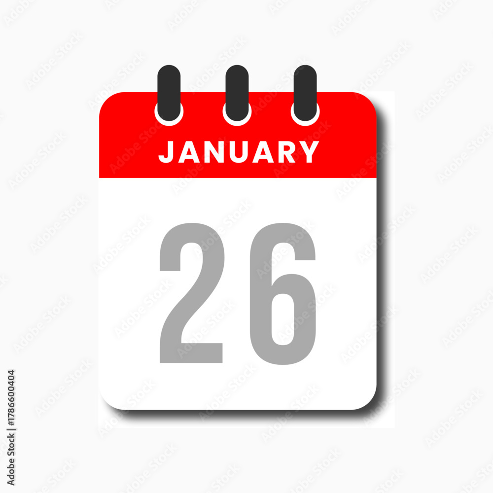 Fototapeta premium Flat modern calendar icon for January 26, clean design for daily schedule layout.