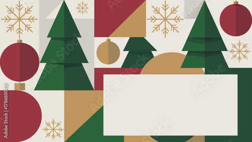 Geometric christmas background with abstract trees and decorations
