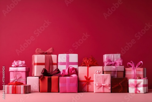 Collection of pink and red gift boxes with ribbons on red background. Celebration and present concept for holidays.	