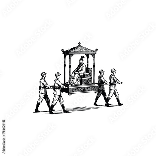 Vintage engraving style illustration of an Asian Emperor or noble carried on an ornate sedan chair or palanquin by four uniformed bearers