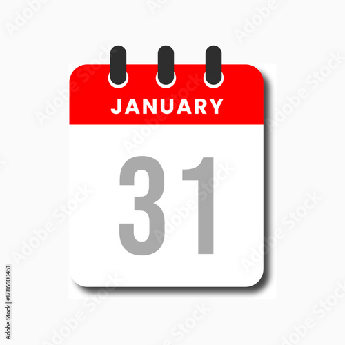 Flat red January 31 calendar icon, minimalist vector for planner, UI, or reminder app.