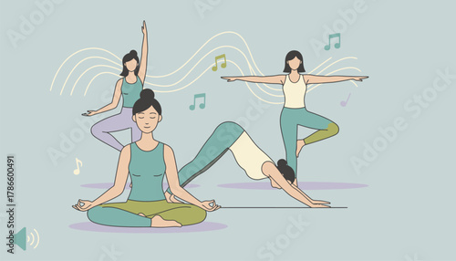A peaceful yoga class where participants are in harmony guided by soft music that enhances their mindfulness and relaxation.