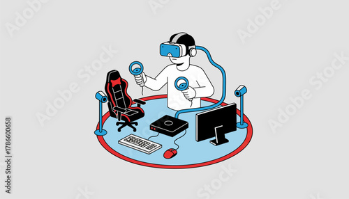 A virtual reality setup featuring motion controllers and a headset surrounded by gaming gear in a dedicated play area.