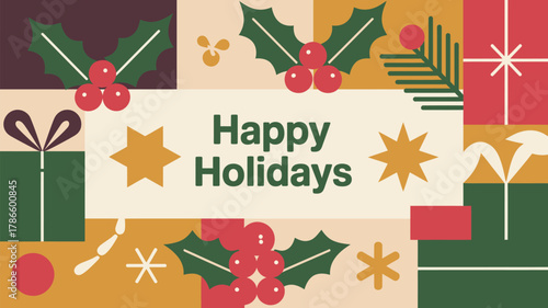 Happy holidays season flat illustration with gifts holly stars