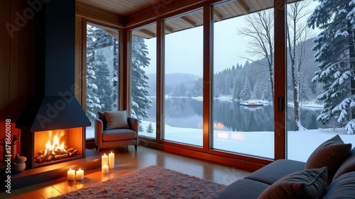 Cozy winter evening by the fireplace with stunning lake view in a snow-covered cabin