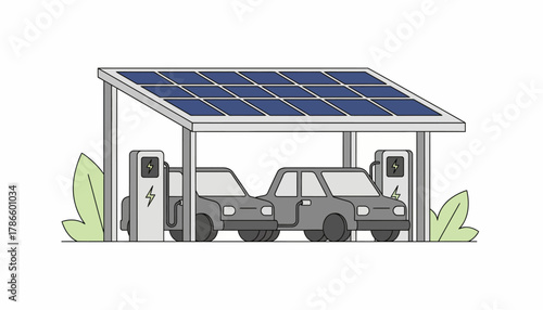 Solar panels integrated into the roof of a carport providing shade while generating energy for electric vehicles.