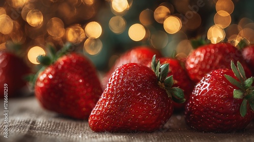 close-up of bright red delicious sweet large strawberries of sharp focus against a Christmas tree bokeh lights blurred background