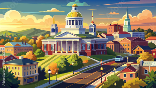 Very beautiful view of Vicksburg, Mississippi, USA, featuring the historic downtown courthouse illuminated by afternoon sunlight, with surrounding streets and buildings in a realistic charming urban l