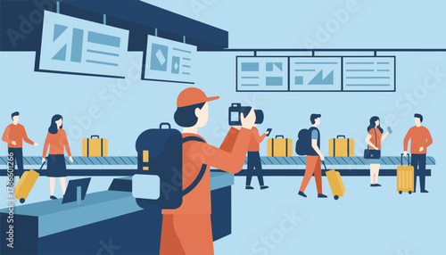 A bustling airport terminal showcasing a travel blogger checking in backpack slung over one shoulder and camera ready.