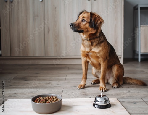 Trained dog sitting near food bowl and service bell, Pavlov’s dog concept symbolizing conditioning and obedience training at home