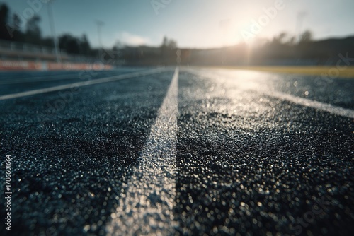 Track's white line guides to sun, athletic field, depth-of-field