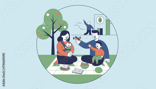A family enjoying a picnic in a park representing worklife balance and parental leave benefits offered by the employer.