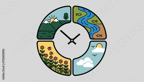 A clock with digital screens rep by nature scenes representing a shift from screen time to experiencing the outdoors.