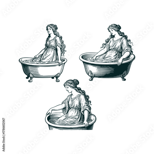 Set of three graceful vintage engraving style illustrations depicting a classical or mythological woman figure seated in a clawfoot bathtub, partially submerged in water, showing ripples and movement