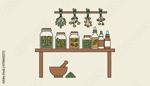 A herbalists workspace filled with various dried herbs tinctures and essential oils emphasizing the natural remedies used for healing.