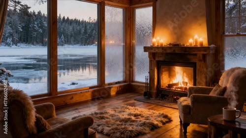 Cozy winter evening by the lake with a warm fire, soft blankets, and a serene snowy landscape at sunset