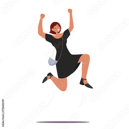 Happy lucky woman cartoon character rejoicing celebrating jumping up high with raised hands
