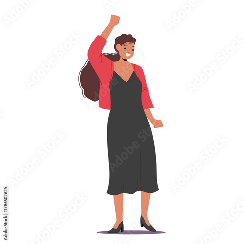 Happy smiling woman cartoon character raising hand rejoicing win celebrating gesturing success