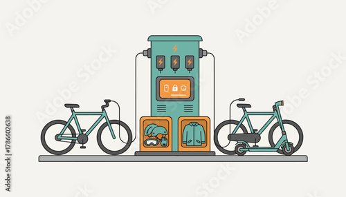 A charging station designed specifically for electric bicycles and scooters with userfriendly interface and storage for helmets and safety gear.