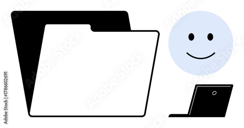 Opened file folder, happy face circle, and small laptop graphic. Ideal for data organization, project management, cloud storage, digital workflow, productivity tools, user interface simple flat