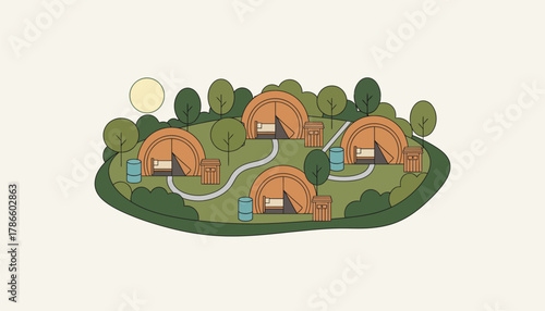 A serene glamping site featuring tent accommodations with ecofriendly amenities surrounded by untouched nature.