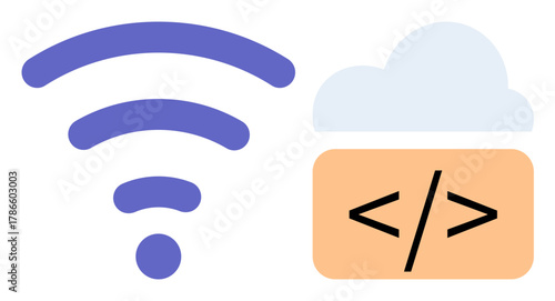 wireless signal icon next to a cloud containing coding brackets. Ideal for technology, cloud services, programming, web development, wireless networks, software solutions, simple flat metaphor