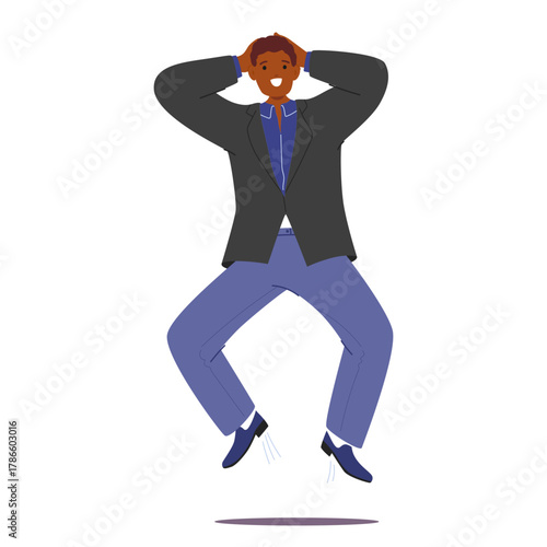 Overjoyed man cartoon character jumping up holding head with hands isolated on white background