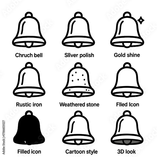 Nine bell icons displaying various styles and finishes on a gray background