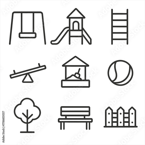 Minimalist playground icons: swings, slide, ladder, and more