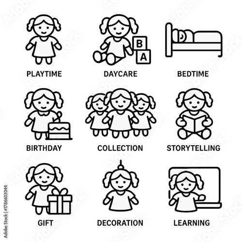 Childhood icons: playtime, daycare, bedtime, birthday, storytelling moments
