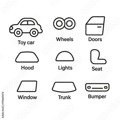 Simple car icon set featuring various parts for design projects