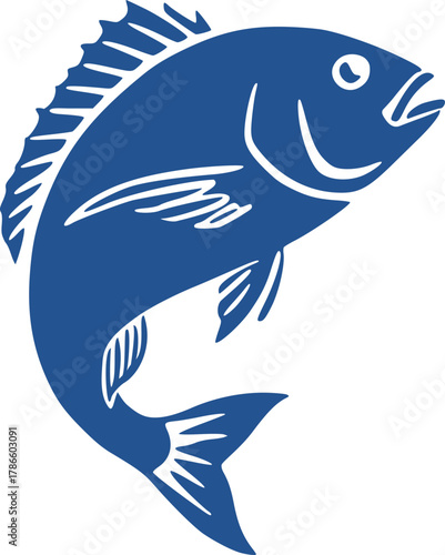 Blue fish illustration jumping up with detailed fins and eye on transparent background. Perfect for fishing, seafood, marine life, and ocean-themed designs.