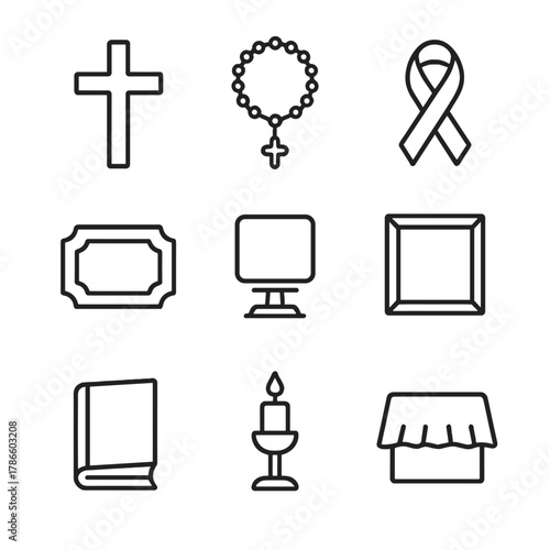 Outline icons of religious symbols and objects on gray background