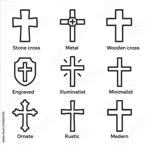 Collection of diverse cross designs: ornate, metal, wooden, stone, and modern styles