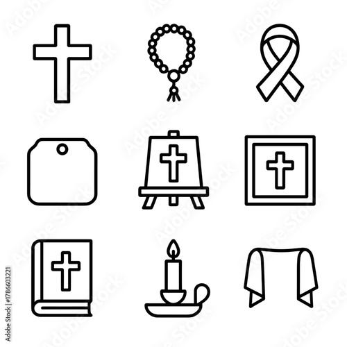Christian symbols collection: cross, rosary, and candle icons