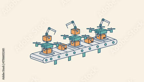 An assembly line of drones at a distribution center getting loaded with packages for the days deliveries.