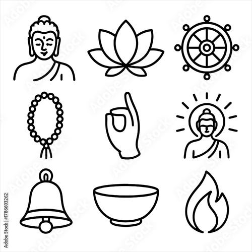 Buddhist symbols collection: buddha, lotus, dharma wheel, meditation icons