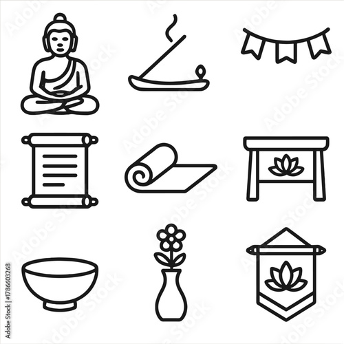 Minimalistic zen icons illustrating meditation, serenity, and tranquility
