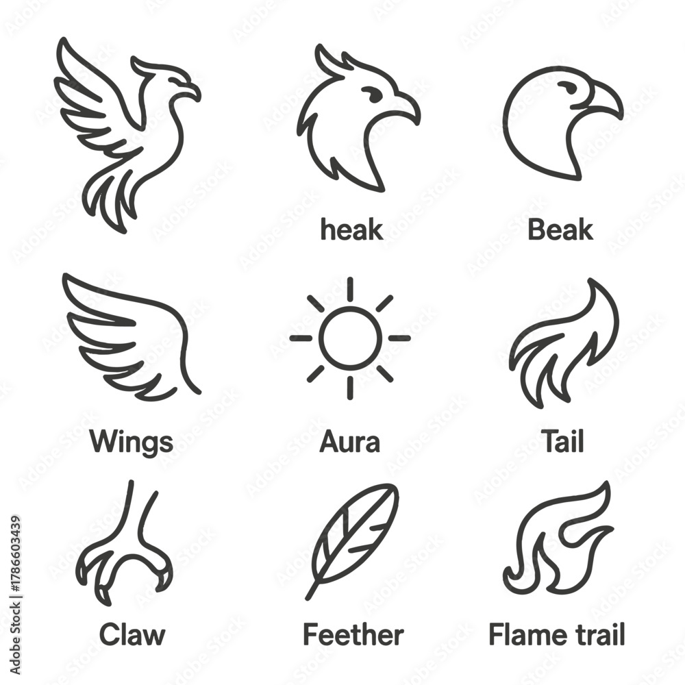 Obraz premium Minimalist bird and nature icons set in black line art style