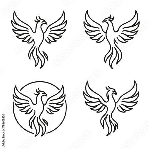 Four phoenix line art designs on dark background, mythical bird logo set