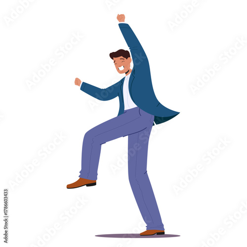 Delighted successful man cartoon character expressively rejoicing victory, success and luck