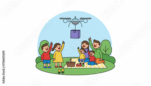 A neighborhood park scene where children watch in excitement as a drone lands with a surprise package for a nearby picnic.