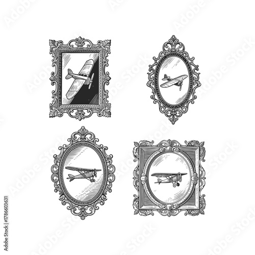 Set of four detailed vintage engraving style illustrations featuring an old propeller airplane or biplane, showcased within various elaborate and ornate classical frames