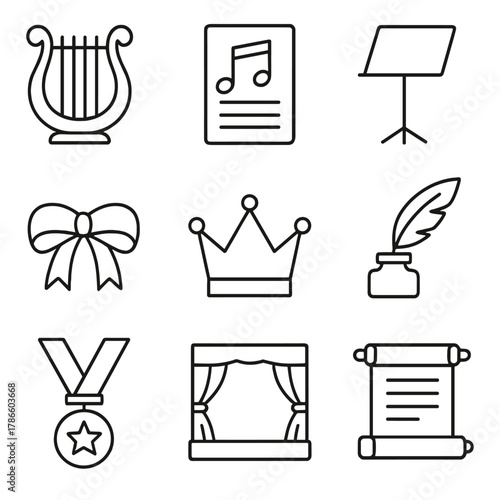 Minimalist icons of musical and cultural symbols in simple line art style