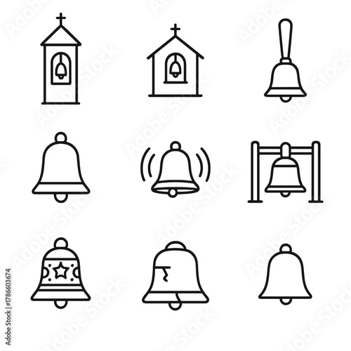 Variety of church bell icons: minimalistic and decorative designs