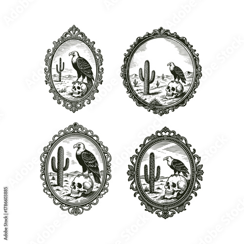 Set of four dramatic vintage engraving style illustrations featuring a majestic eagle perched on a human skull in a desolate desert landscape with cacti and mountains